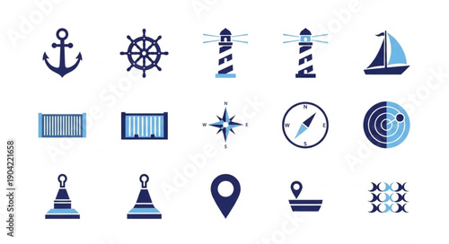 Nautical Icons Collection Featuring Anchor Ship Wheel Lighthouse Sailboat.