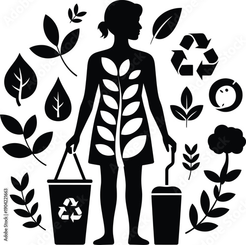Black silhouette representing eco friendly lifestyle with leaves, recycling and nature symbols