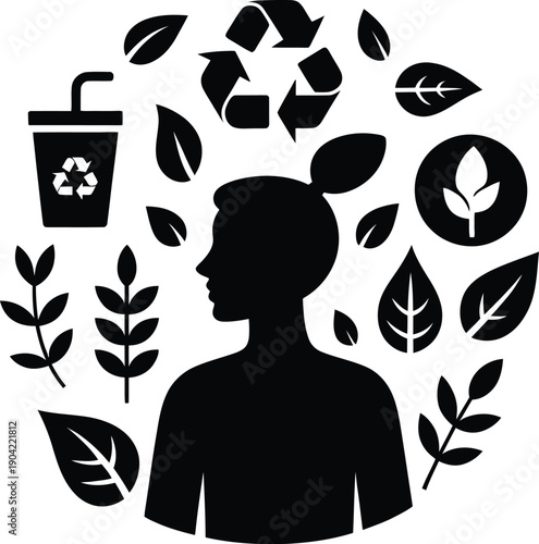 Black silhouette representing eco friendly lifestyle with leaves, recycling and nature symbols