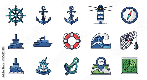 Nautical Icons Collection Featuring Ships Anchors Lighthouse and Compass.
