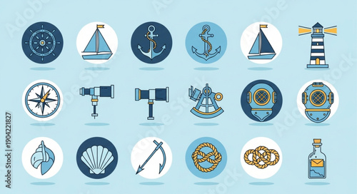 Nautical Icons Collection Featuring Ships Anchors Compasses and Lighthouses.