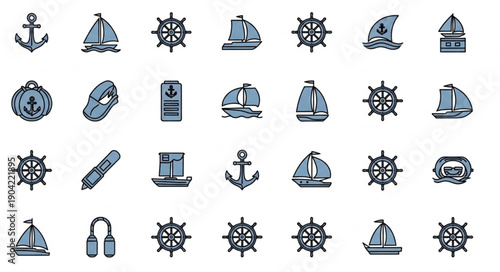 Nautical Icons Collection Featuring Ships Anchors and Wheels.