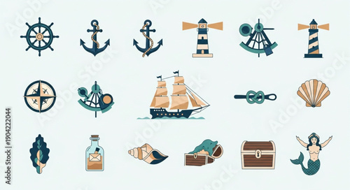Nautical Icons Collection Featuring Ships Anchors and Lighthouses.
