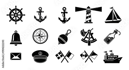 Nautical Icons Collection Featuring Ship Wheel Anchor Lighthouse and Compass.