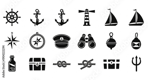 Nautical Icons Collection Featuring Ship Wheel Anchor Compass and Lighthouse.