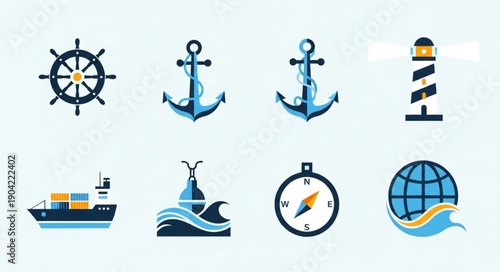 Nautical Icons Collection Featuring Ship Anchor Compass Lighthouse and Globe.