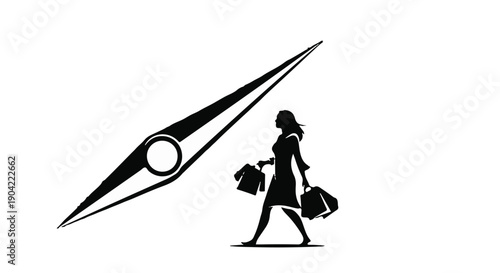 Silhouette of a woman walking with shopping bags, accompanied by a stylized sharp object symbolizing speed or precision.