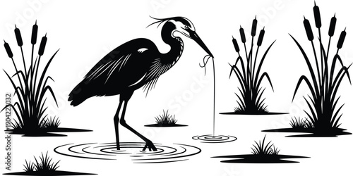 Black and white vector silhouette of a Great Blue Heron standing in a marsh wetland with cattails and water ripples hunting for prey