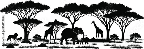 Black vector silhouette of African safari animals including elephants giraffes and lions standing among acacia trees and grass in a savanna landscape scene