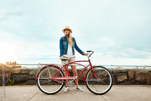 Εκτύπωση καμβά Woman, bike and view with travel for vacation, transport and weekend health outdoor