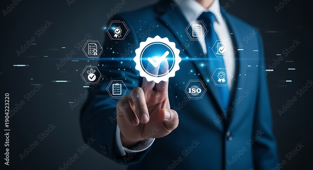 Fototapeta premium Businessman Touching Quality Assurance Icon, ISO Certified Business, Business Success Concept