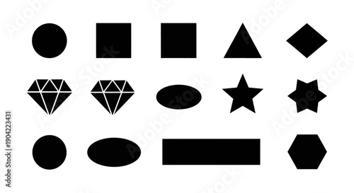 Assorted geometric shapes and symbols in black and white illustration style