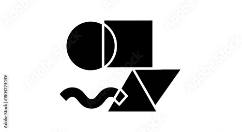 Abstract geometric design featuring intersecting shapes and a stylized wave