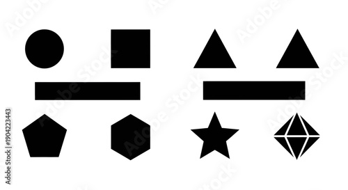 Collection of various geometric shapes and symbols in black and white
