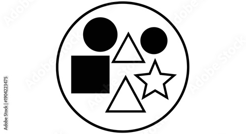 Geometric shapes and silhouettes arranged within a circular boundary