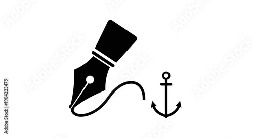 Elegant black and white feather pen with an anchor icon design