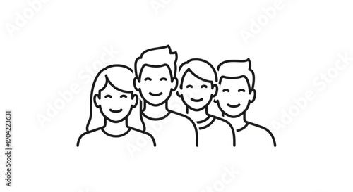 Illustration of a group of four smiling people standing together in a friendly environment from a straightforward view