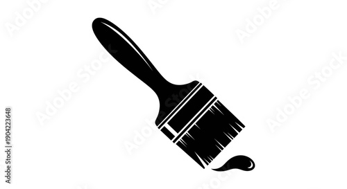 A black silhouette of a paintbrush with a dripping paint drop on a plain background