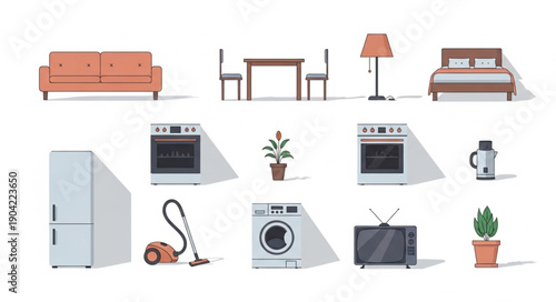 A collection of household furniture and appliances for home interiors.