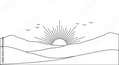 Sunrise over rolling hills with birds flying.