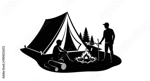 Two people camping outdoors near a tent and campfire.