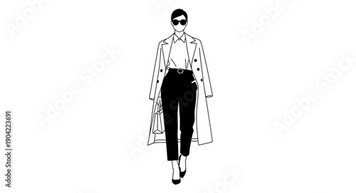 Stylish woman in fashionable coat and sunglasses walking confidently in a modern setting.