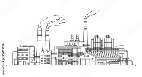 Industrial factory building with smoking chimneys producing pollution and smog.