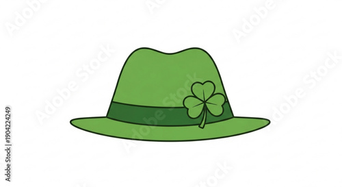 Green fedora hat with shamrock St Patricks Day celebration accessory isolated on white background vector illustration