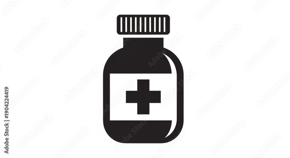 Fototapeta premium A simple black and white illustration of a medicine bottle with a cross on the label, viewed from the front.