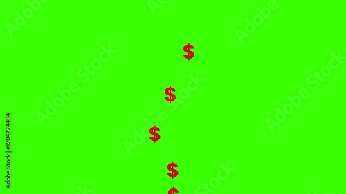 Red dollar signs floating up on a bright green chroma key background showing financial growth currency symbols rising fast.