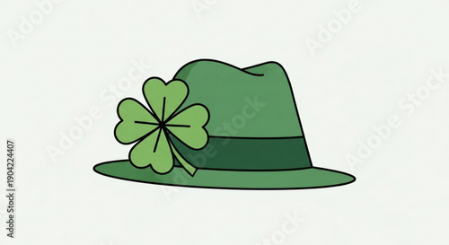 Green fedora hat with a four-leaf clover St Patricks Day symbol for Irish celebration isolated on white background