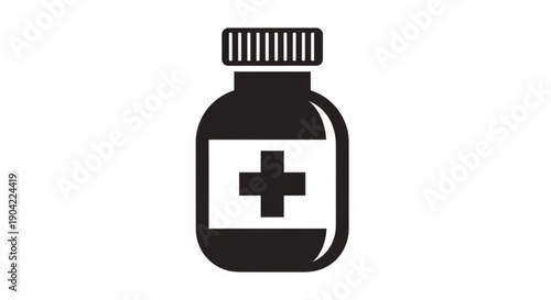 A simple black and white illustration of a medicine bottle with a cross on the label, viewed from the front.