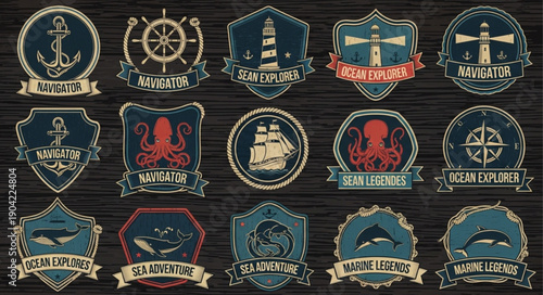 Nautical Emblem Collection Featuring Anchors Ships Lighthouses and Marine Life.