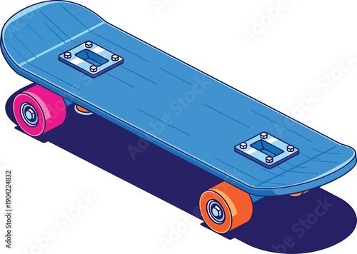 Isometric illustration of a bright blue plastic cruiser skateboard featuring contrasting neon pink and orange wheels against a white background.