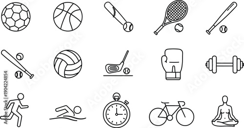 Collection of simple black line art icons representing various popular sports equipment and fitness activities for design use