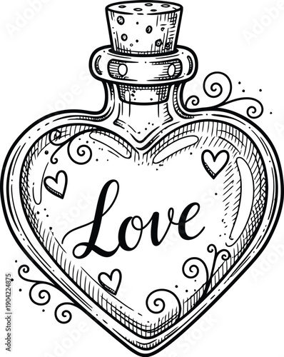 Charming antique style heart shaped glass bottle illustration engraved with the word love and decorative swirls makes a perfect emblem.