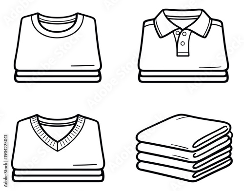 Line art folded clothing set featuring a t-shirt, polo shirt, and sweater for laundry and organization