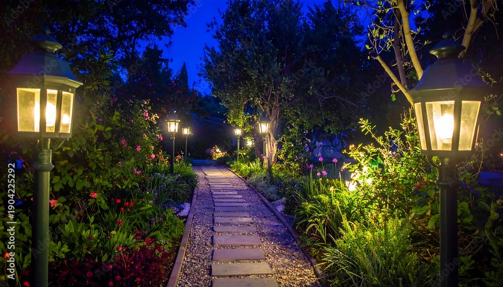 Fototapeta premium Enchanting Garden Pathway Illuminated by Warm Lanterns at Dusk.