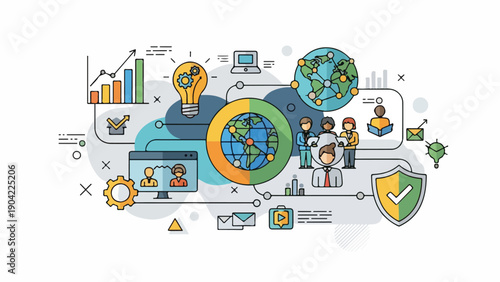Illustration of a global teamwork concept with icons and a globe