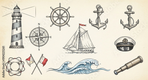 Nautical elements collection vintage hand drawn sketch style.