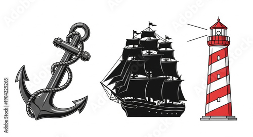 Nautical elements anchor ship and lighthouse illustration.