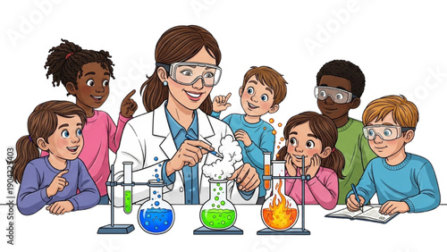 High-quality black outline colorful art of a woman demonstrating a science experiment to children, STEM education and inclusive learning