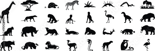 African safari animal silhouettes set isolated on white background featuring wild mammals birds and reptiles wildlife collection vector illustration