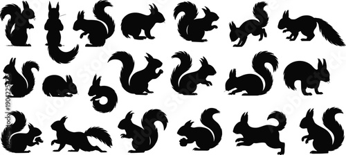 Collection of squirrel silhouettes in various poses isolated on white background showcasing wildlife rodent animal vector design elements