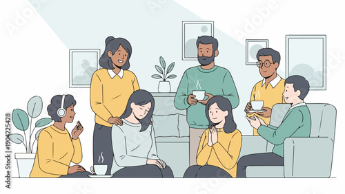 Illustration of a group of people in a room interacting