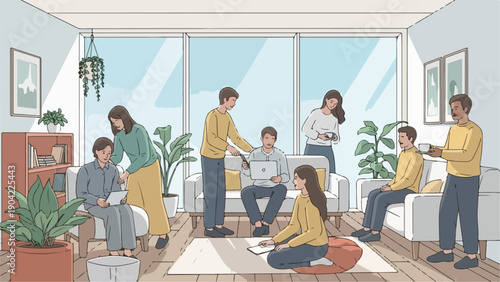 Illustration of a group of people in a room, interacting and working