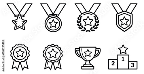 Line art awards and achievement icons set featuring medals, rosettes, a trophy, and a winner's podium for celebrating success and excellence