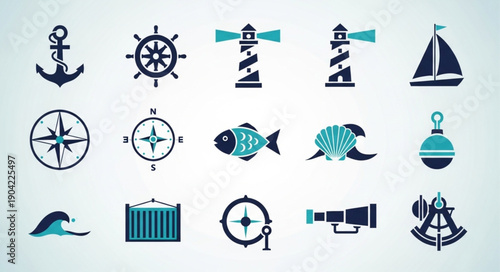 Nautical Icons Collection Featuring Anchor Ship Wheel Lighthouse and Sailboat.