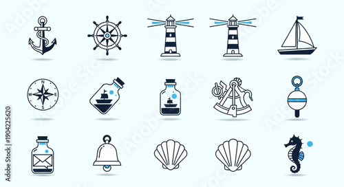 Nautical Icons Collection Featuring Anchor Ship Wheel Lighthouse and More.
