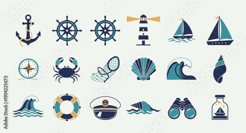 Nautical Icons Collection Featuring Anchor Ship Wheel Lighthouse and Crab.